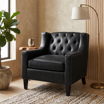 Black Faux PU Leather Accent Chair, Mid-Century Tufted Armchair with Nailhead Trim, Equipped with High Resilience Sponge Cushion & Solid Wood Legs, Comfortable Single Sofa for Living Room, Bedroom