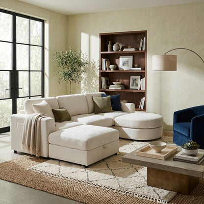 U-Style 102.4" U Shaped Sectional Sofa, Chenille Modular Couch with Curved Ottoman & Storage Ottoman, 3 Seater Sofa with Drop Down Console and 2 Cup Holders, Solid Pine Wood Frame for Living Room
