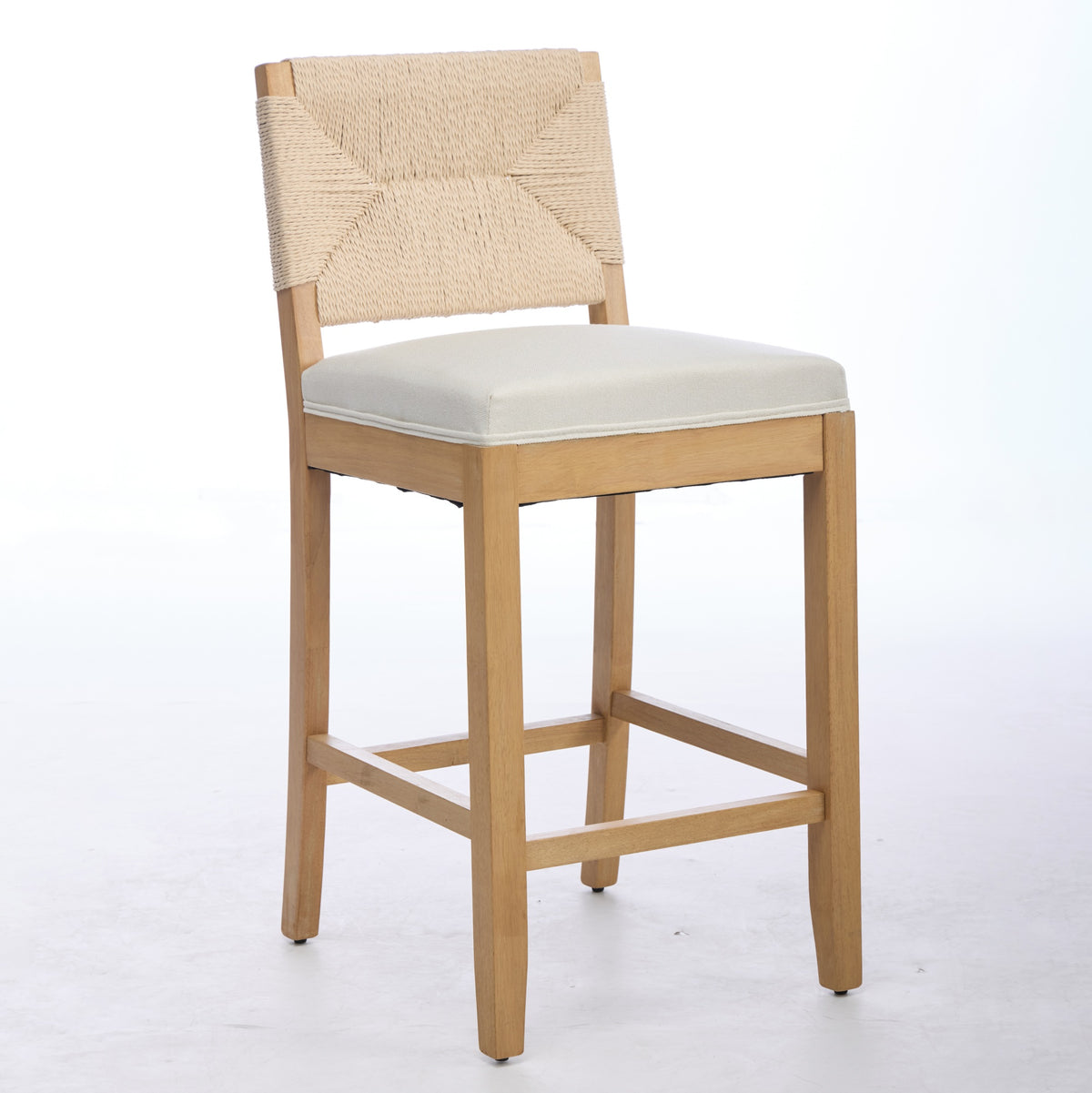 Hand‑Woven Rattan Counter Height Bar Stools Set of 2, 27 Inch Seat Height, Linen Upholstered Barstools with S‑Spring & High‑Density Sponge Cushion, Solid Wood Frame for Kitchen Island,SW1872MT