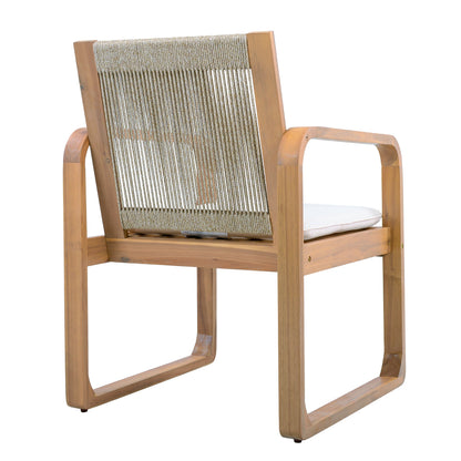 2-Piece Outdoor Dining Chairs Set: Acacia Wood with Multi Brown Rope Back & Beige Cushion, Water Repellent Fabric, 400 lbs Capacity, Light Teak Finish