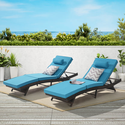 Outdoor Wicker Long Reclining Chair Set of 2 , Wicker Reclining Lounge Chair Lawn Sunbathing Chairs Recliner up to 150°  Beach Poolside Garden
