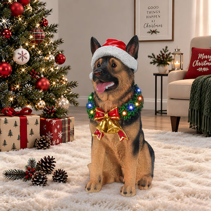 Lighted Christmas German Shepherd Dog Statue, Santa Hat Puppy Figurine with LED Wreath and Bells