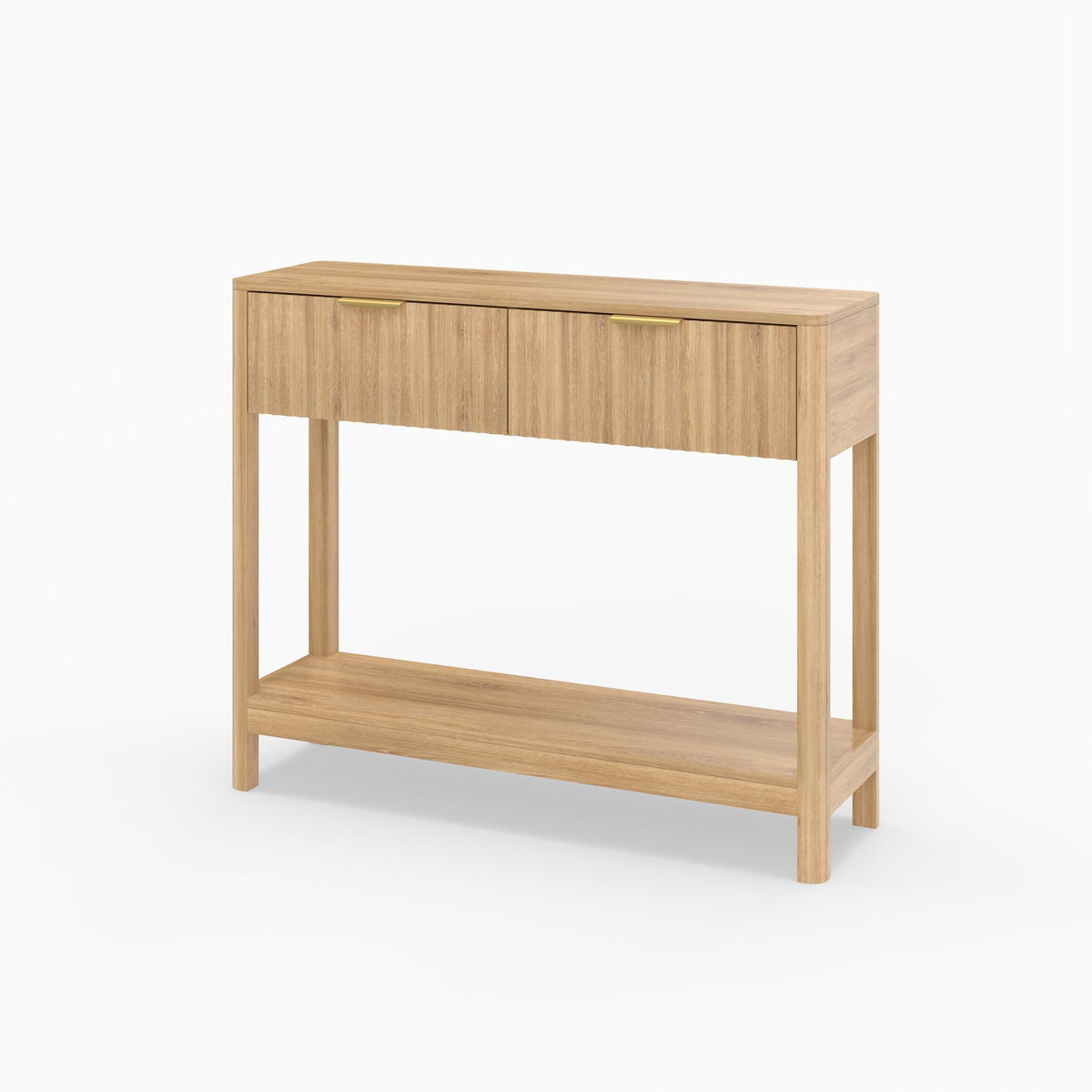 Mid-Century Modern Fluted Console Table with 2 Drawers & Open Shelf, Oak Finish Narrow Entryway Table, Slim Sofa Table for Hallway, Living Room, Small Spaces, Easy Assembly