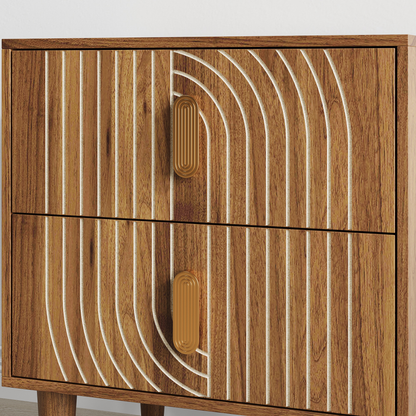 Medieval-style modern bedside table with double drawers for storage and solid wood legs; bedroom side table, bedside storage cabinet, compact bedside table, walnut color.