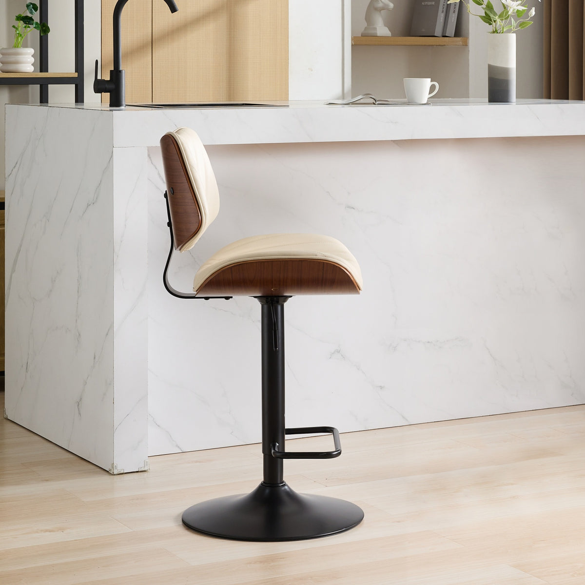 Walnut Bentwood Bar Stools Mid Century Modern Adjustable Counter Height Black Leather Upholstered 360°Swivel Bar Chairs for Kitchen – Beige