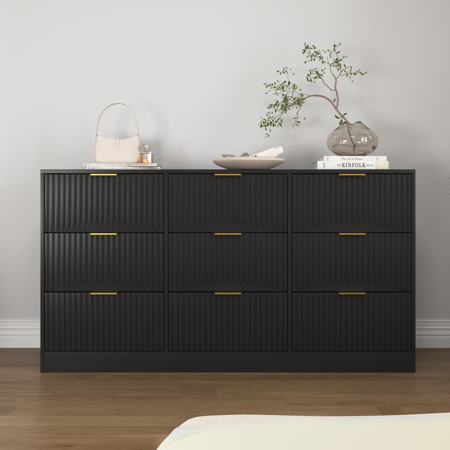 Black 9 Drawer Dresser, 63' Large Deep Chest of Drawers, Wooden Dresser Storage Cabinet with 9 Drawers for Bedroom, Long Dressers for Living Room, Hallway, Drawer panel with wavy patterns