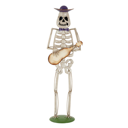 Halloween Skeleton Guitar Yard Decoration, 61.8 Inch Metal Statue with Purple Hat and Bow Tie in Ivory White for Outdoor Porch, Lawn, and Party Decor