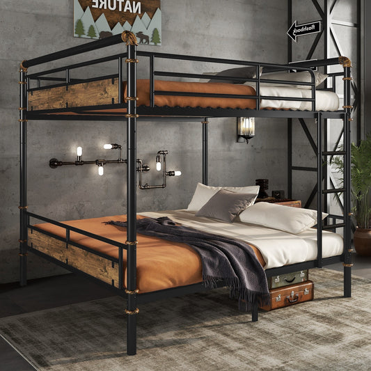 Queen over Queen Metal Bunk Bed, Industrial Detachable Bunkbeds with Safety Guard Rails for Teens, Black(Old SKU W2580S00014)
