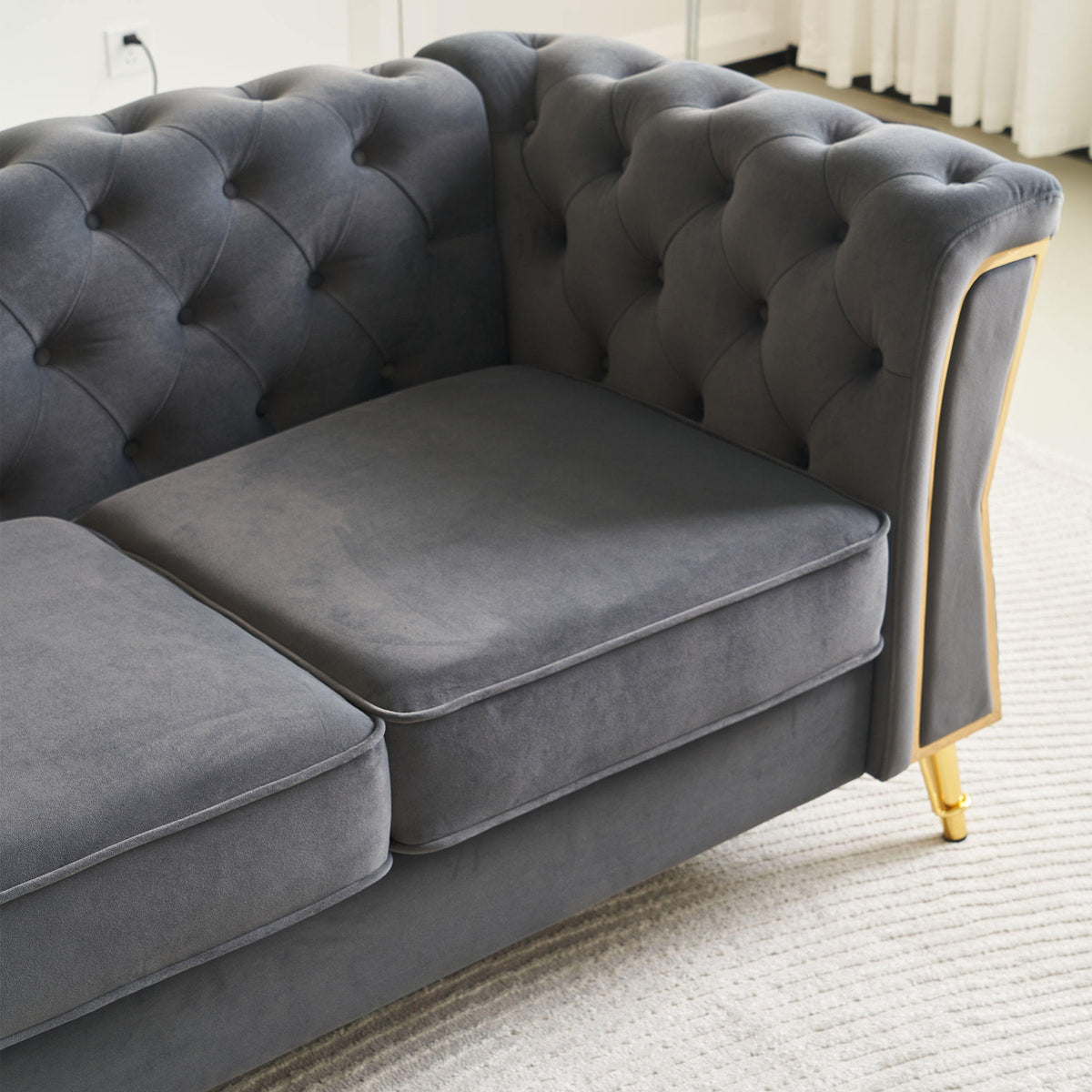 Modern Tufted Velvet Sofa 87.4 inch for Living Room Dark Grey Color