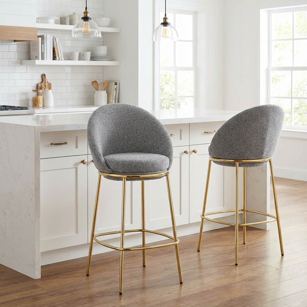 Celano Indoor Metal Upholstered Barstool, Gold-Plated Frame and Mixed Gray Upholstery, Set of 2