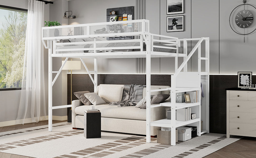 Twin XL Size Loft Bed with Stairs, Metal Full Loft Bed with Storage Shelves, High Loft Bed with Wardrobe for Kids Teens,White(Old Sku W2580S00050)