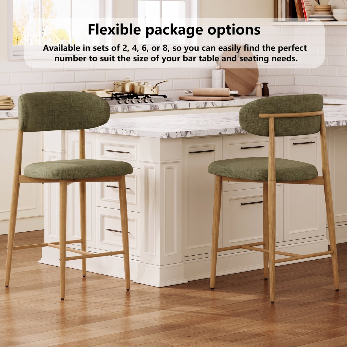 Counter Height Bar Stools Set of 2, Upholstered Counter Stools Modern Barstools with Metal Legs for Kitchen Island Dining Room, Green