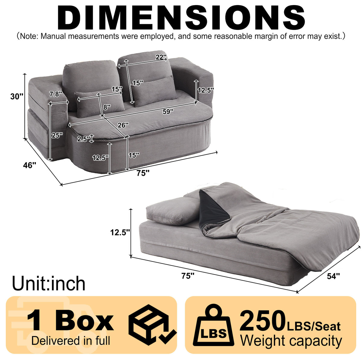 75'' 2-in-1 Foldable Sofa Bed with Multi-Functional Blanket in Grey Corduroy, Convertible Floor Lounge for Living Room Bedroom Studio