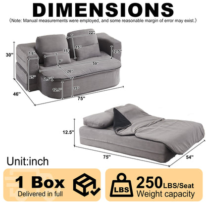 75'' 2-in-1 Foldable Sofa Bed with Multi-Functional Blanket in Grey Corduroy, Convertible Floor Lounge for Living Room Bedroom Studio