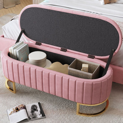 Elegant Upholstered Velvet Storage Ottoman with Button-Tufted, Storage Bench with Metal Legs, Fully Assembled Except Legs, Pink