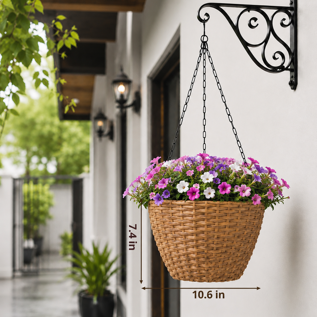 SOLHOME 10.6" Resin Wicker Set of 2 Hanging Planters with Steel Frame – Indoor Outdoor Plant Holders with Steel Hangers and PE Liner