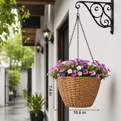 SOLHOME 10.6" Resin Wicker Set of 2 Hanging Planters with Steel Frame – Indoor Outdoor Plant Holders with Steel Hangers and PE Liner