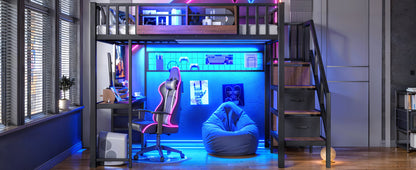 Full Size Loft bed with desk, Heavy Duty save space Loft Bed with Drawers & Storage Stair, All-in-One Metal Frame Multi-Functional Loft Bed for Teens Adults, Black