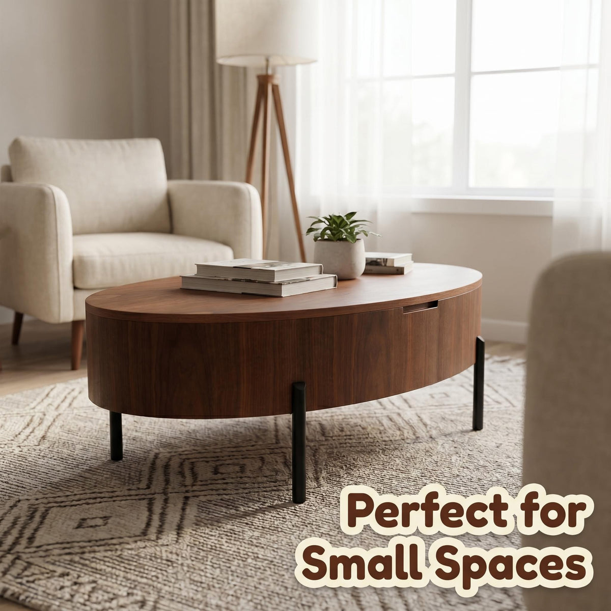 43.3-inch height-adjustable coffee table with solid wood veneer; modern-style coffee table with storage and adjustable height, suitable for living rooms, bedrooms, flats or offices; walnut colour
