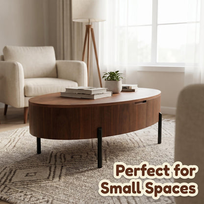 43.3-inch height-adjustable coffee table with solid wood veneer; modern-style coffee table with storage and adjustable height, suitable for living rooms, bedrooms, flats or offices; walnut colour