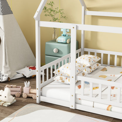Full Size House Floor Wooden Bed with Roof Frame, Safety Guardrails,Whtie