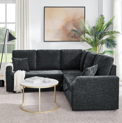 81.2'' Modular Sectional Sofa with Pull Out Bed, 5-Seater L Shaped Sectional Sleeper Couch with Hidden Storage, Chenille Convertible Couches for Living Room, Apartment (Black)
