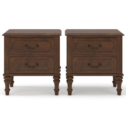 Farmhouse Nightstand with 2 Drawer, Traditional Wood Bedside Table, Wood Storage End Table with 4 Solid Wood Feet, Metal Handle, Traditional wood-on-wood drawer glides, Easy Assembly, Walnut,2-Piece