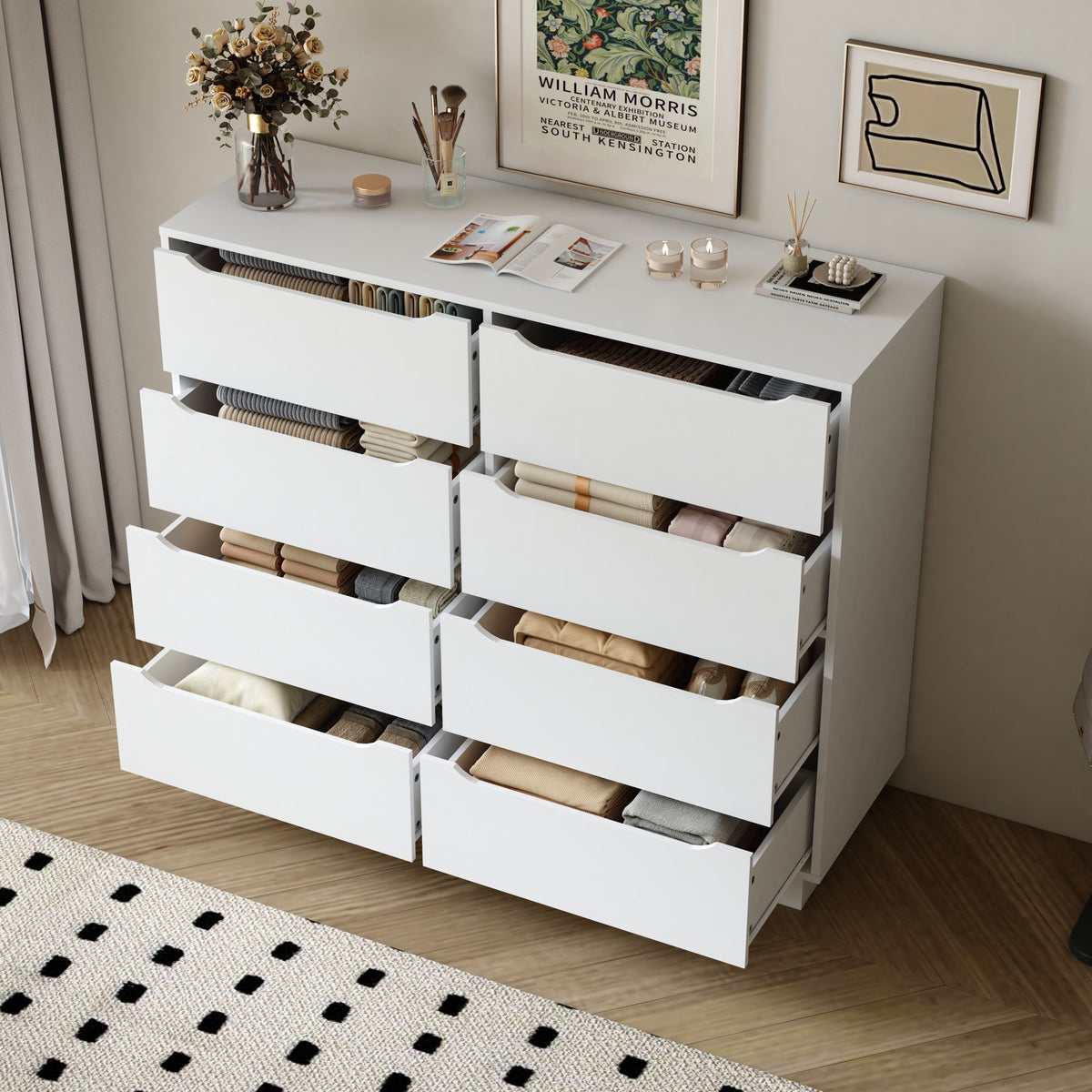 White Dresser, Long Dresser with 8 Drawers, 47.2''W Wooden Dressers Chest of 8 Drawers, Large Capacity Clothing Storage Cabinet