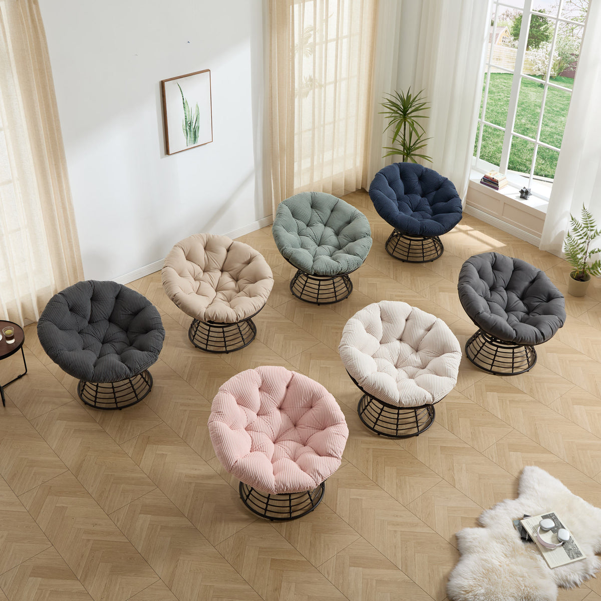 Comfortable Ergonomic Wicker Papasan Chair, 360° Swivel Indoor Outdoor Rattan Chair with Soft Thick Cushion, Ideal for Living Room, Bedroom, Reading Room, Brown Frame with Grey Cushion