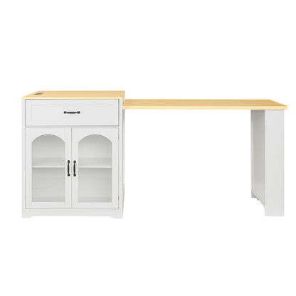 U_STYLE Extendable Counter Table with Wheels,Bar Table with Built-in Power Outlet,Farmhouse Wine Cabinet with Double-Sided Drawers,Suitable for Kitchen & Home Bar (Chairs Not Included)