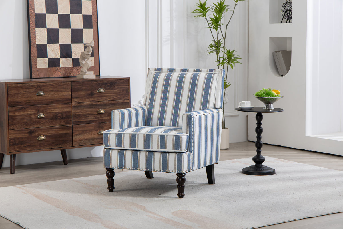 Upholstered Accent Chair, Vintage Armchair with Solid Wood Legs, Blue and White Striped Linen Fabric and Nailhead Trim for Living Room