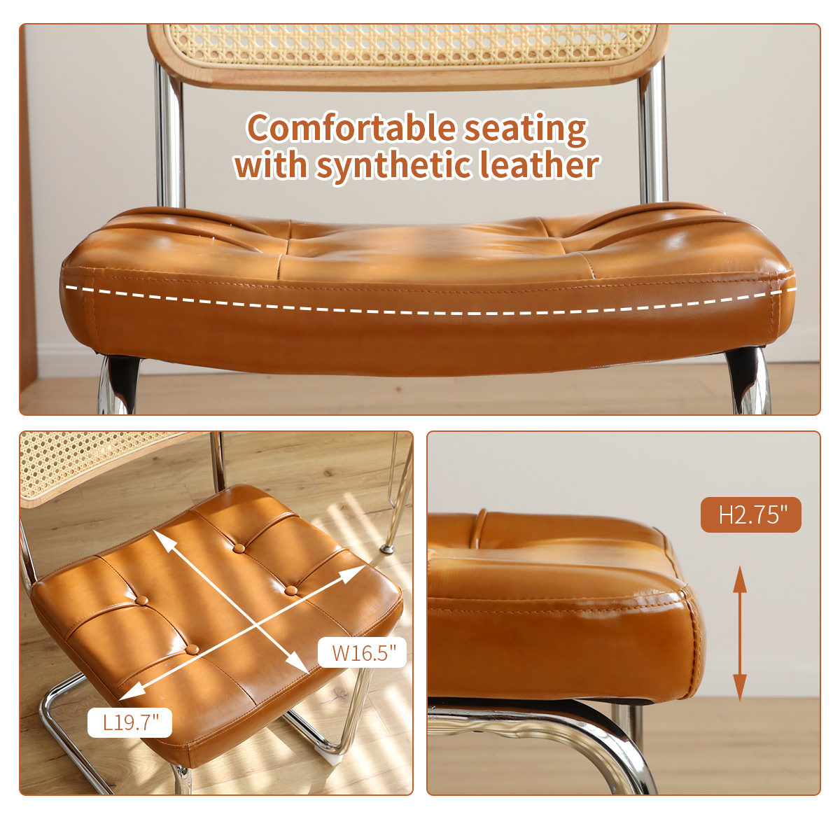 Dining Chairs Set of 2, Faux Leather Rattan Side Accent Chairs with Chrome Legs, Modern Mid Century Breuer Designed Chairs