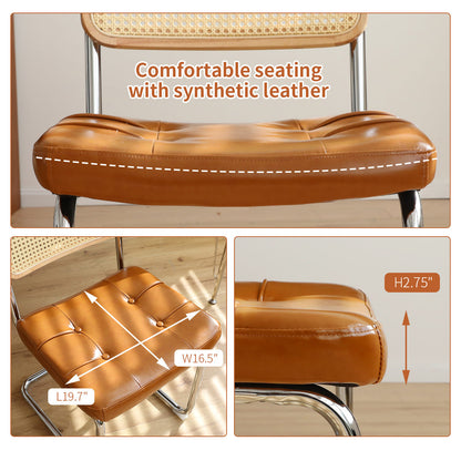 Dining Chairs Set of 2, Faux Leather Rattan Side Accent Chairs with Chrome Legs, Modern Mid Century Breuer Designed Chairs