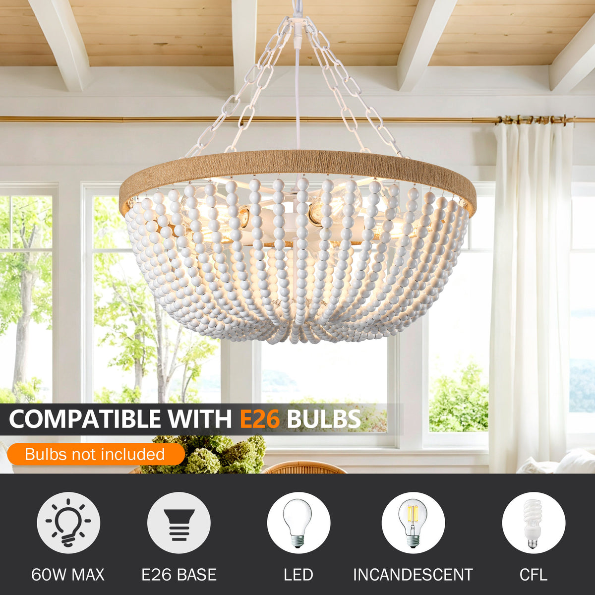 21.65" Farmhouse Chandelier, Matte White & Natural Wood Finish, 5xE26 Socket Max 60W, Bulbs Not Included