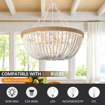 21.65" Farmhouse Chandelier, Matte White & Natural Wood Finish, 5xE26 Socket Max 60W, Bulbs Not Included