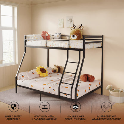 Twin Over Full Bunk Bed, Heavy Duty Metal Bunk Bed Frame with Anti-Slip Ladder & Safety Guardrails, Space-Saving Bunkbeds for Kids Teens Adults, 8.6" Under-Bed Storage, Black