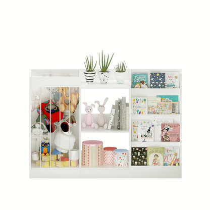 Kids Bookshelf and Toy Storage, 3-Tier Book Shelf, Sling Baby Bookcase with Stuffed Animal Storage, Toddler Montessori Bookshelf