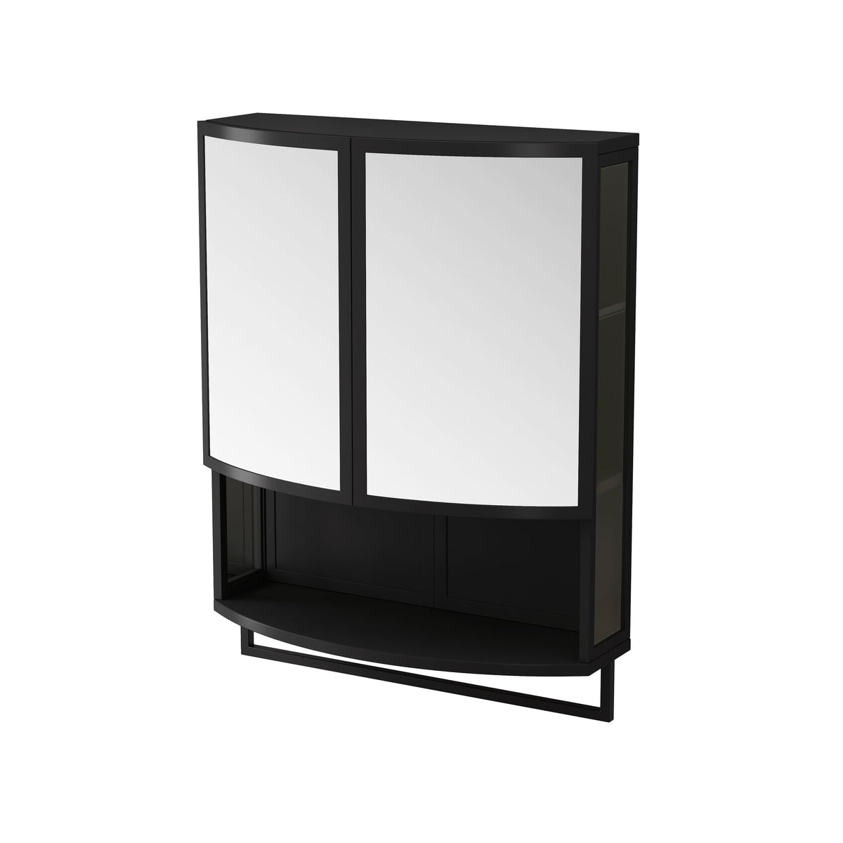 Modern Arched Glass Double-Door Wardrobe with Shatterproof Mirror, Double-Layer Storage, Open Shelf & Towel Rack in Black Iron Frame, 23.62'L x 8.85'W x 31.5'H