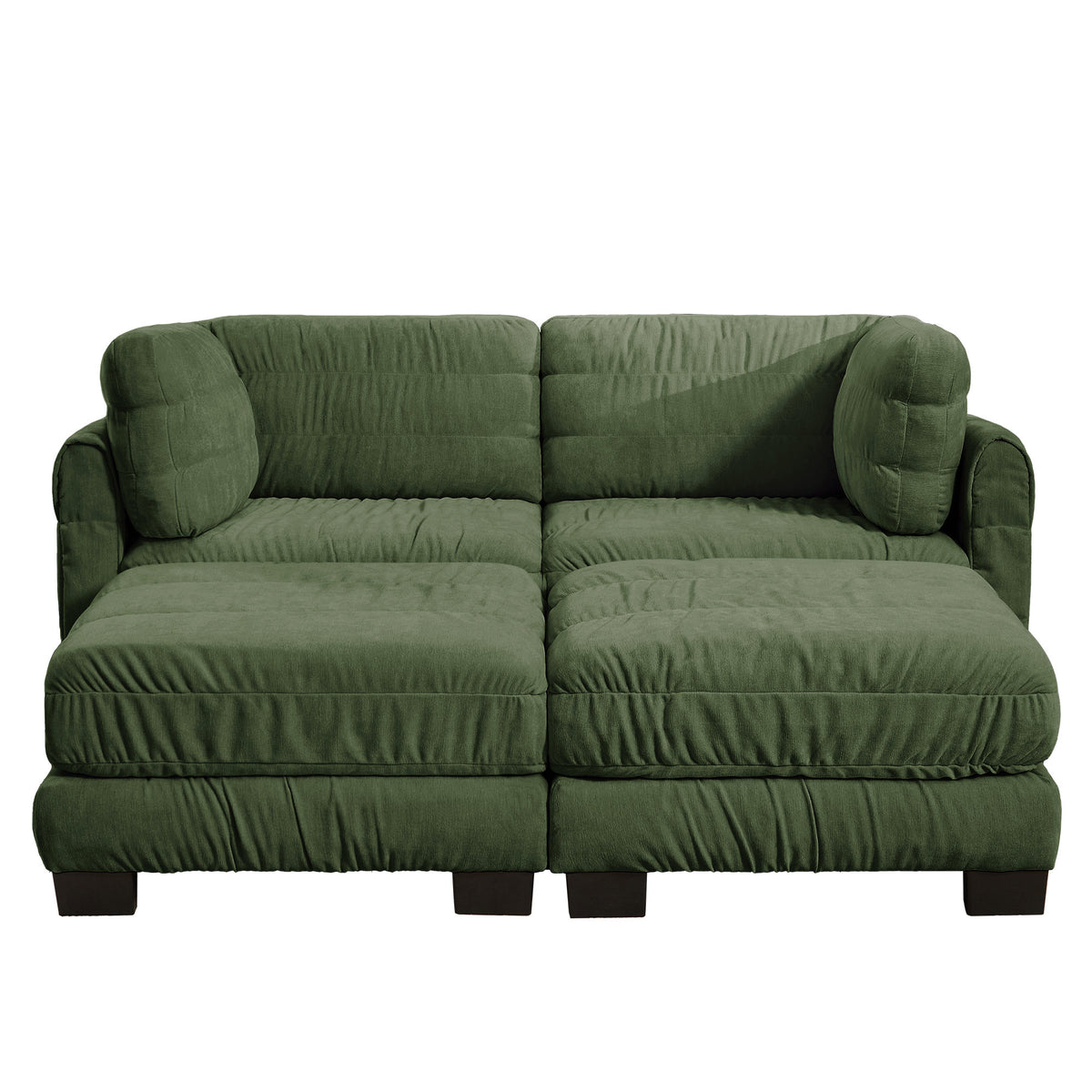 2 Seat Ruched Detailing Chenille Modular Sectional Sofa,Movable 2 Ottomans,High-Density Foam,L Shape Thickened  Back Cushions,Easy Assembly,For Living Room,Bedroom,Green