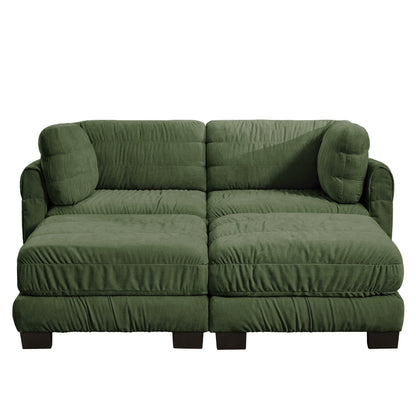 2 Seat Ruched Detailing Chenille Modular Sectional Sofa,Movable 2 Ottomans,High-Density Foam,L Shape Thickened  Back Cushions,Easy Assembly,For Living Room,Bedroom,Green