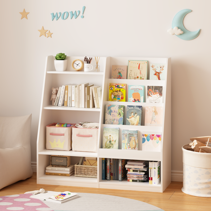 Kids Bookshelf and Toy Storage Organizer, Multifunctional 4 Tier Wooden Kids Book Shelf with Bookcase Display Stand in Kids Room Playroom Nursery for Kids, Children, Toddlers (White)