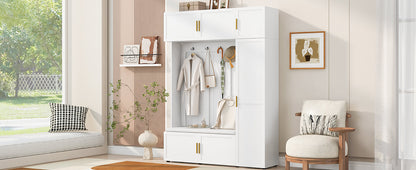 U-Can American Style 4-in-1 Hall Tree with Padded Bench, 4 Hooks, and Multi-Tier Storage Shelves – White