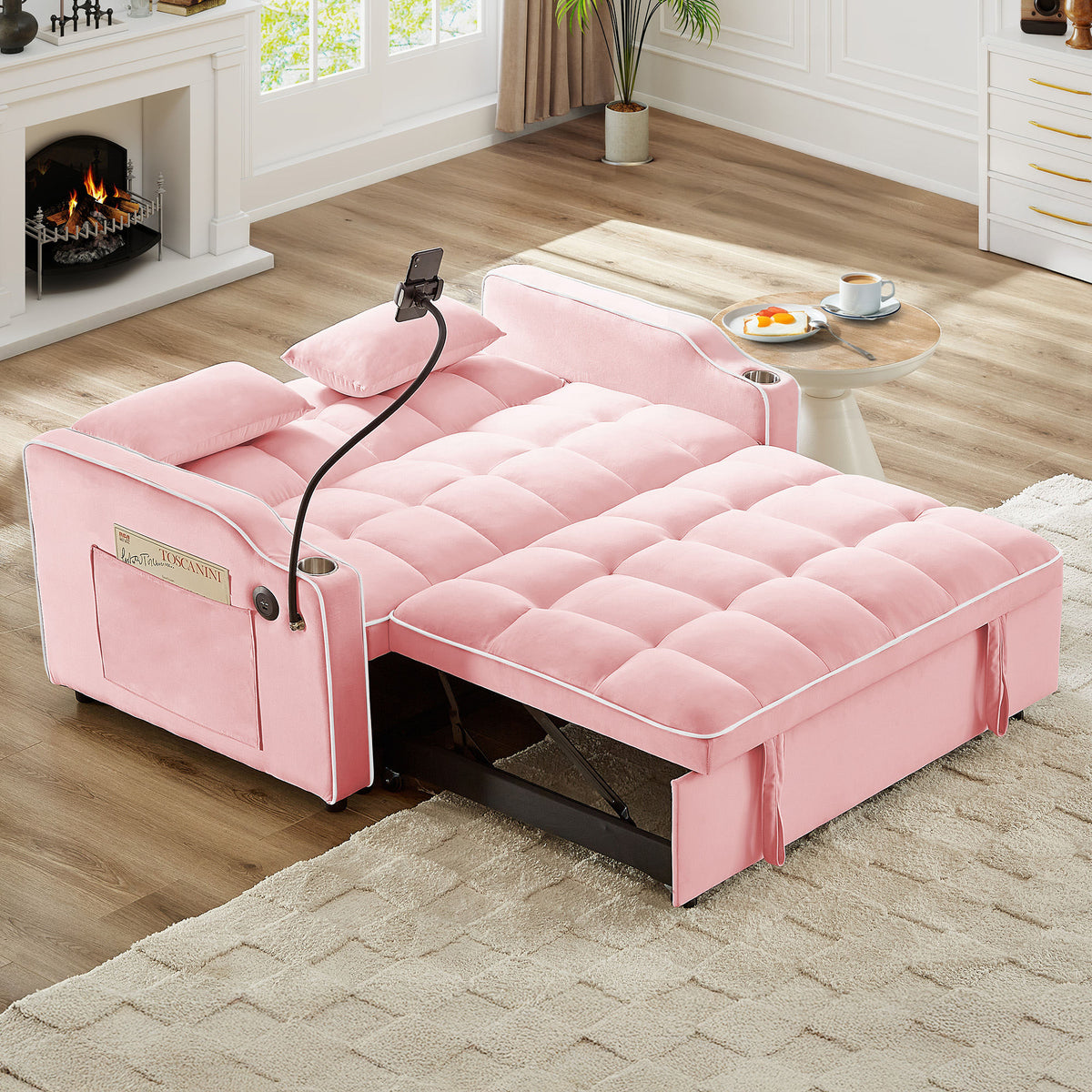 Versatile Foldable Double Seat Recliner,Comfortable Velvet Pull-Out Sleeper Sofa Bed with Side Pockets,USB Port,Swivel Phone Stand, Ashtray and Adjustable Backrest