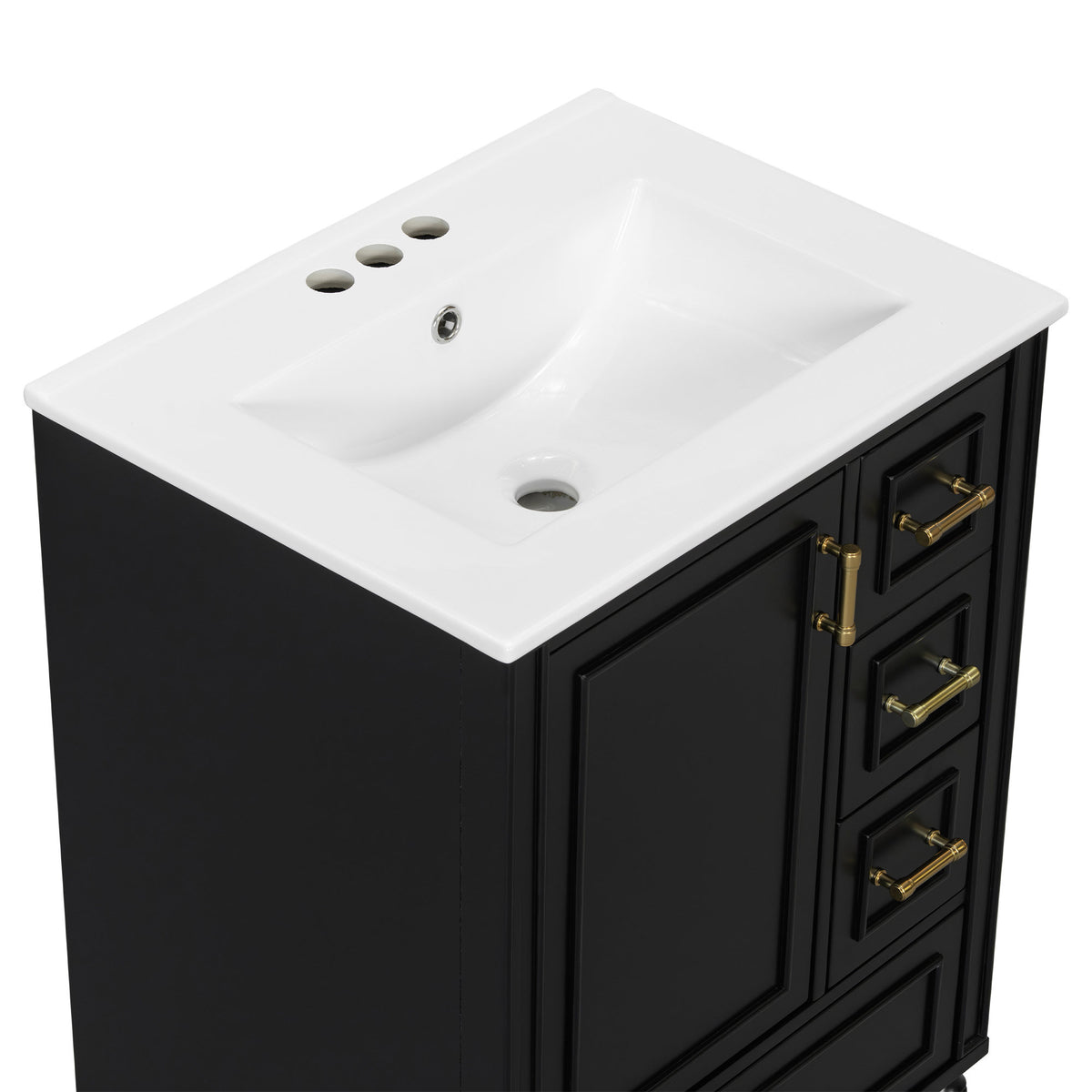 24' Modern Bathroom Vanity with Ceramic Sink, Soft-Close Door, 3 Drawers, Gold Handles, and Door-Mounted Rack for Space-Saving Storage(Old SKU:N729P373272B)