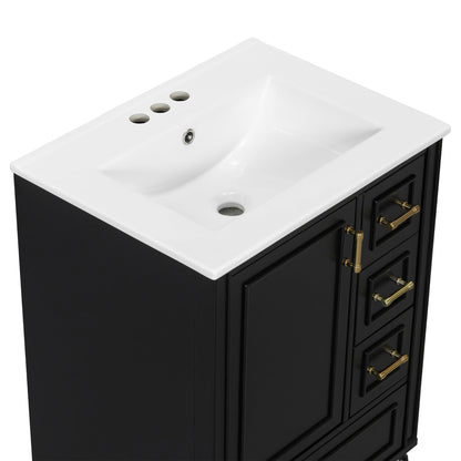 24' Modern Bathroom Vanity with Ceramic Sink, Soft-Close Door, 3 Drawers, Gold Handles, and Door-Mounted Rack for Space-Saving Storage(Old SKU:N729P373272B)