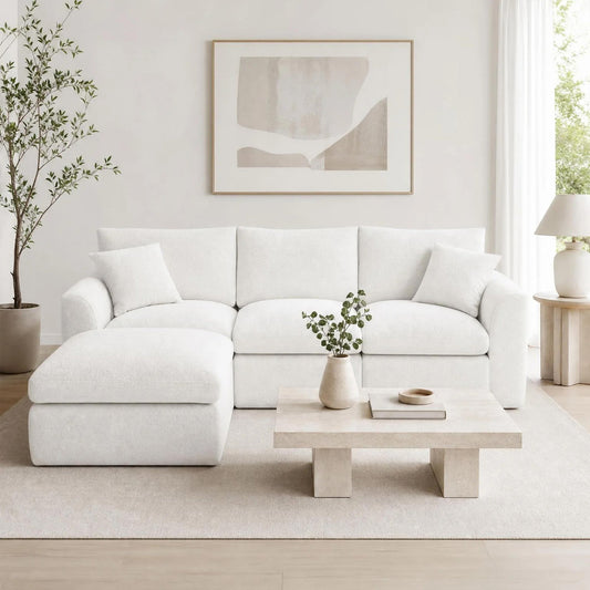 Compressed Sectional Sofa with Full High Resilience Sponge, White Chenille Fabric Brings Cloud-Like Softness, Ideal Modular Couch for Modern Family Living Room & Bedroom