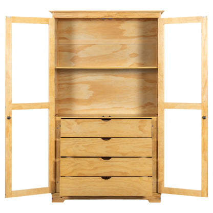 TOPMAX 44.7x20x75inch Kitchen Pantry, Freestanding Kitchen Storage Cabinet Display Cabinet with Glass Doors and 4 Built-in Drawers, Natural
