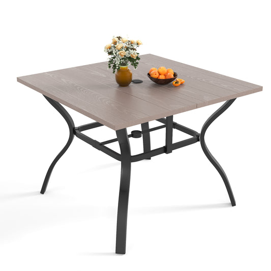 NATURAL -Industrial Farmhouse Desk with Umbrella Hole, 37" Wood Look Square Table - Heavy Metal Frame for Dining Office Kitchen Conference Room, Easy Assembly Waterproof Indoor Outdoor Use