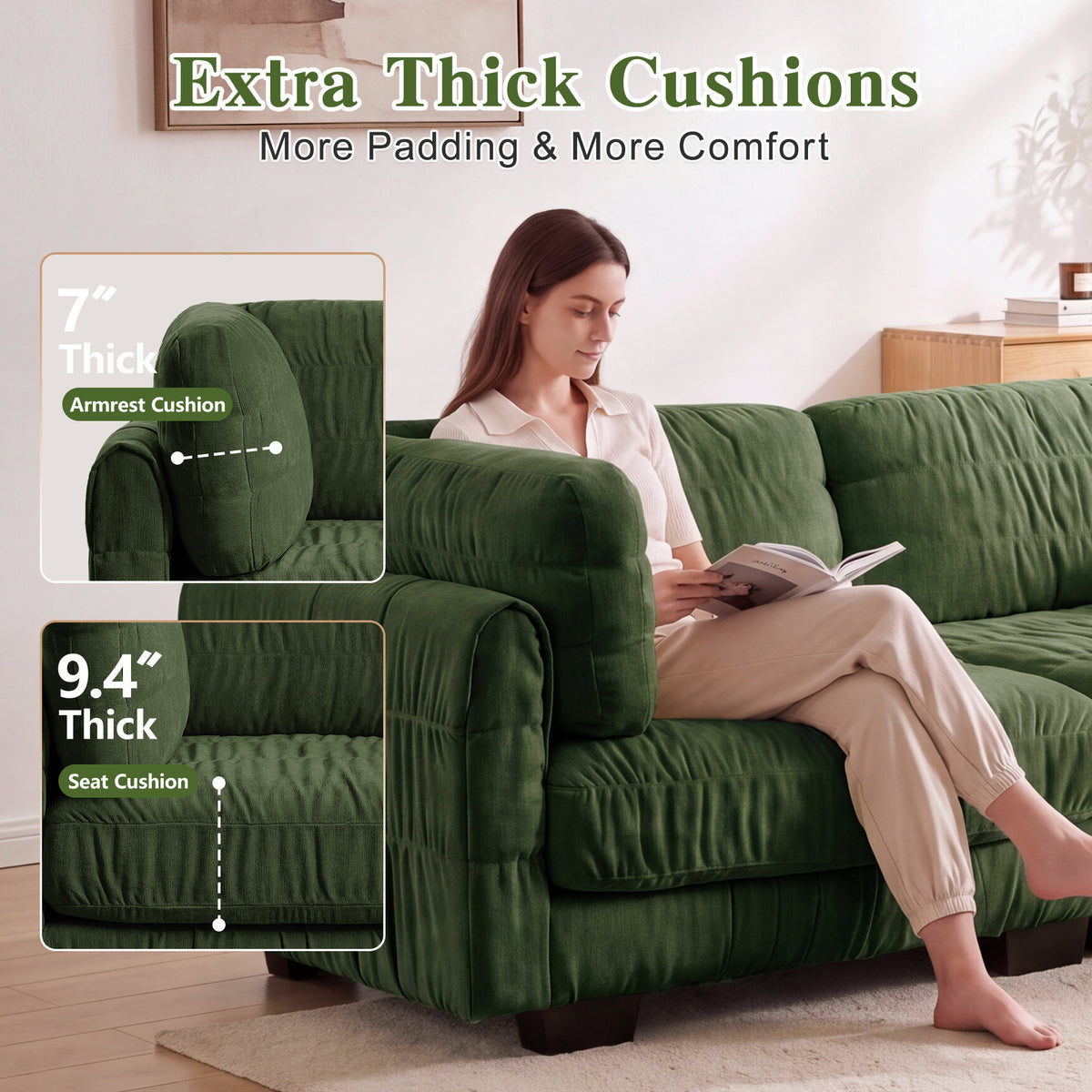 2 Seat Ruched Detailing Chenille Modular Sectional Sofa,Movable 2 Ottomans,High-Density Foam,L Shape Thickened  Back Cushions,Easy Assembly,For Living Room,Bedroom,Green