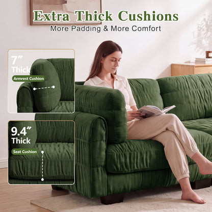 4 Seat Ruched Detailing Chenille Modular Sectional Sofa,Movable Ottoman,High-Density Foam,L Shape Thickened  Back Cushions,Easy Assembly,For Living Room,Bedroom,Green
